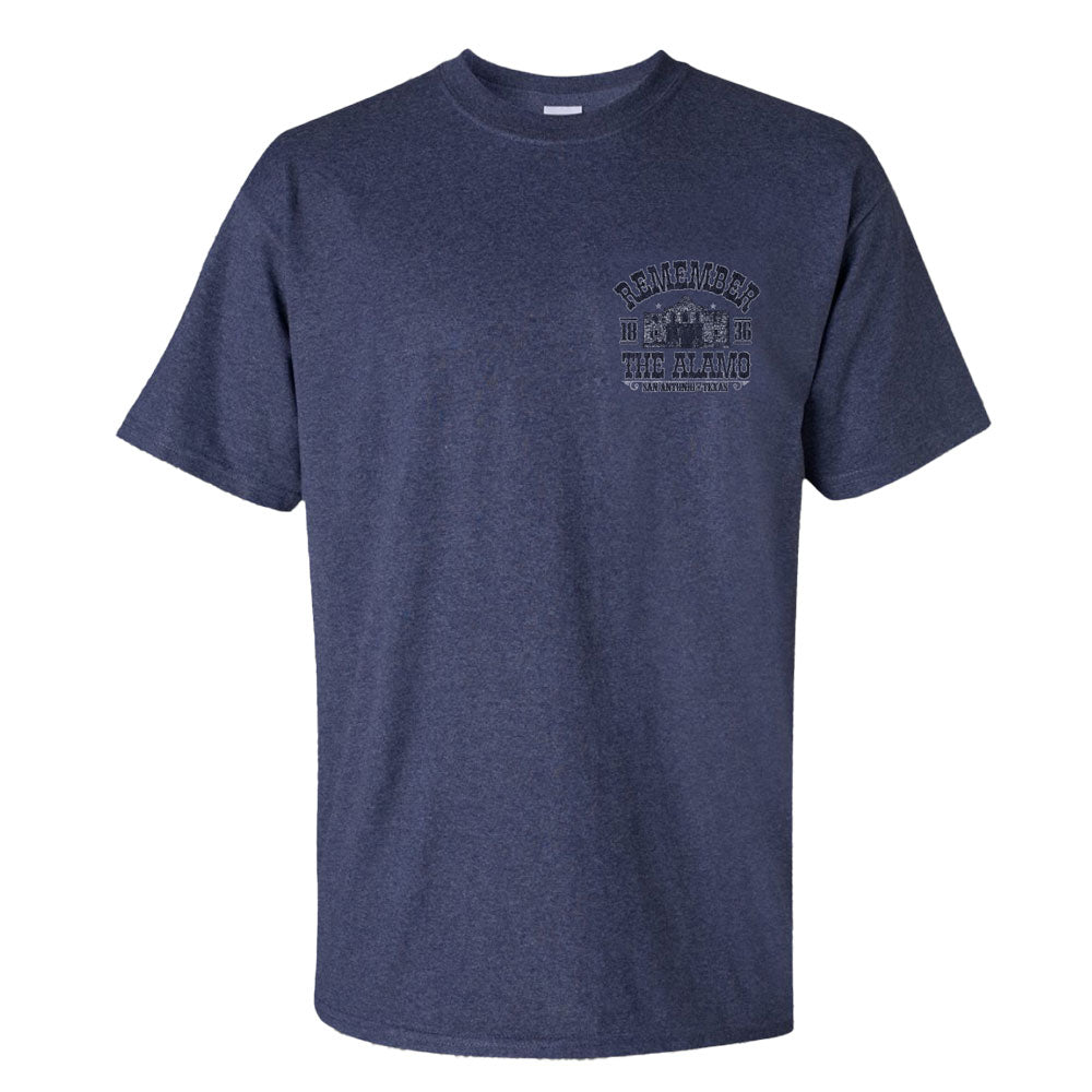 The Alamo Remember The Alamo T-Shirt features "Remember the Alamo" in small print on the left chest. This navy blue crew neck tee offers a classic design, great for history buffs and Texas Revolution fans.