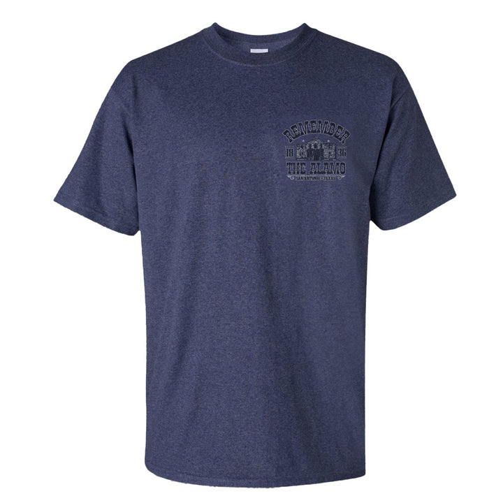 The Alamo Remember The Alamo T-Shirt features "Remember the Alamo" in small print on the left chest. This navy blue crew neck tee offers a classic design, great for history buffs and Texas Revolution fans.