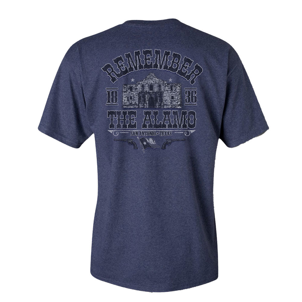 The Alamo Remember The Alamo T-Shirt features a navy blue color and vintage back graphic with "Remember the Alamo," "San Antonio, Texas," and "1836"—perfect for fans of Texas history or the Revolution.