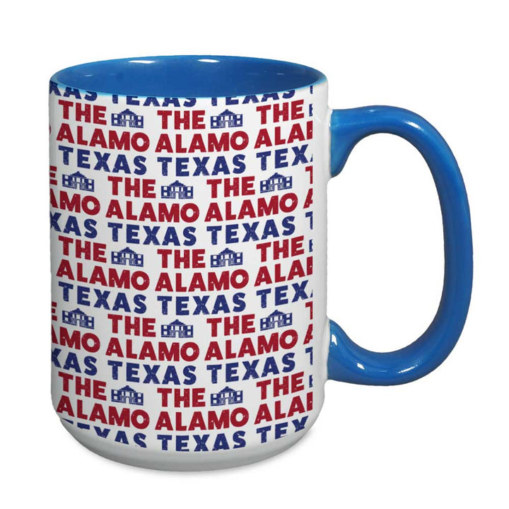 The Alamo Flag Mug is a ceramic Texas mug with a blue handle and rim, decorated with repeating red and blue "THE ALAMO TEXAS" text and small blue Alamo mission illustrations.