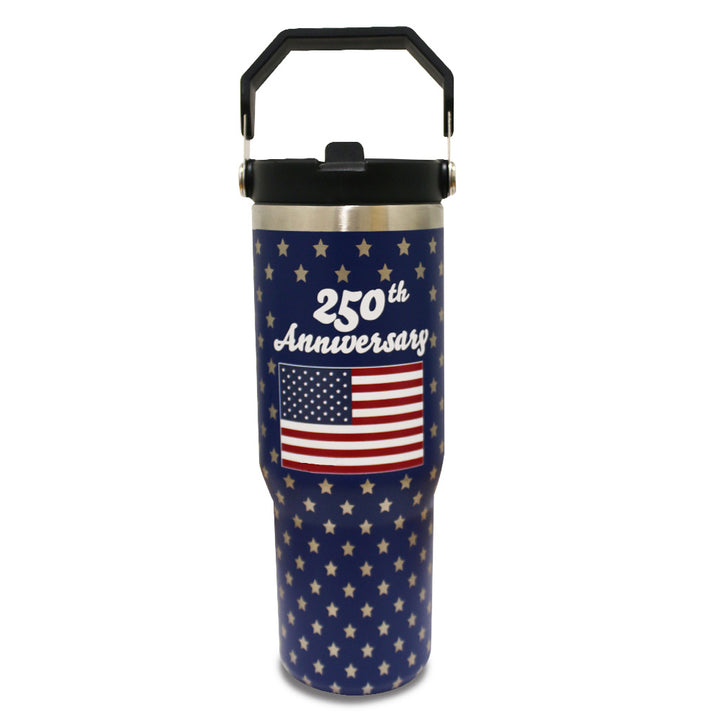 Celebrate America’s 250th in style with the America’s 250th Flip Top Tumbler, featuring a blue design, white stars, American flag graphic, and “250th Anniversary” text—perfect for showing your patriotic spirit.
