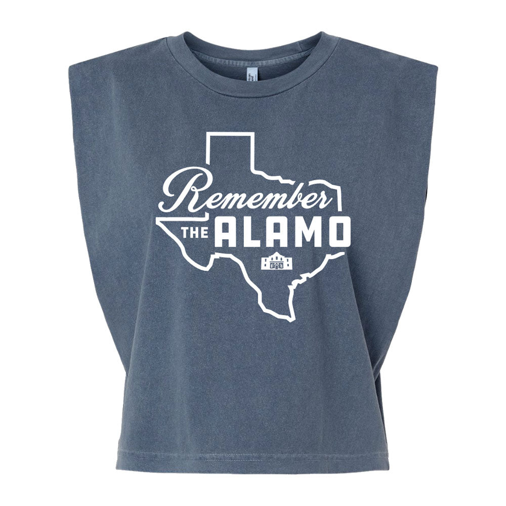 Remember the Alamo Women’s T-Shirt in dark grey, featuring a sleeveless cut and a white graphic of the state of Texas with an outline of the historic mission.