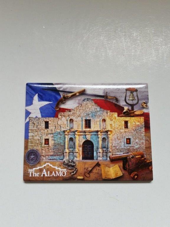 The Alamo Collage Magnet showcases a vibrant image of the historic site and flag—an ideal keepsake for history enthusiasts.