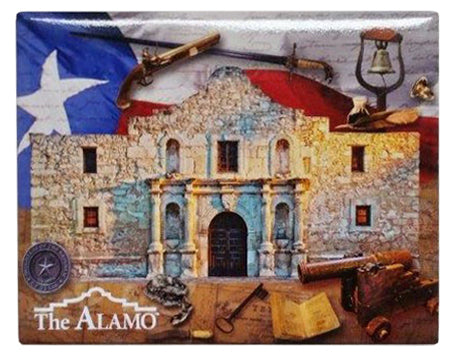 The Alamo Collage Magnet showcases the Alamo’s facade with a Texas flag backdrop, surrounded by historical items like a musket, lantern, compass, cannon, and old maps. “The Alamo” appears in the lower left corner—great for collectors!.