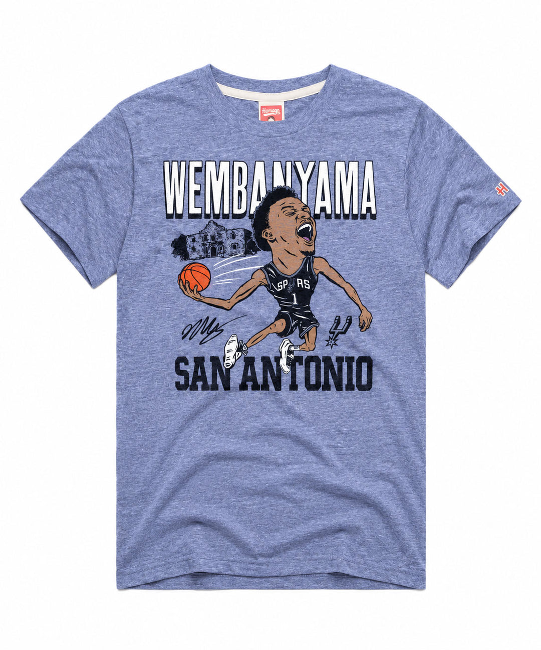 Show off your Spurs pride with the San Antonio Spurs Victor Wembanyama T-Shirt, showcasing a blue design with a cartoon basketball player in a San Antonio Spurs jersey holding a ball. The shirt features “WEMBANYAMA SAN ANTONIO” text and stylized signatures underneath—perfect for any Victor Wembanyama fan in the Alamo City.