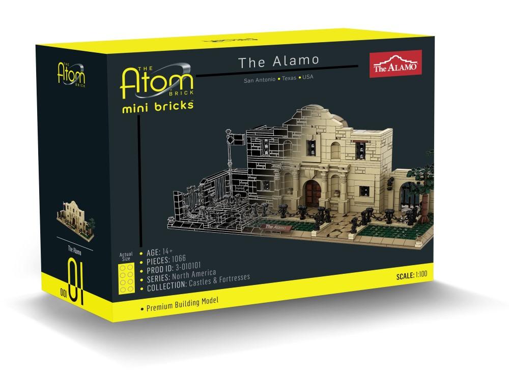 The Alamo Atom Brick set box features a 1:100 scale model of the Alamo, displaying the finished build. With 1066 pieces, it’s designed for ages 14+ and highlights historical construction using Atom Brick mini bricks.