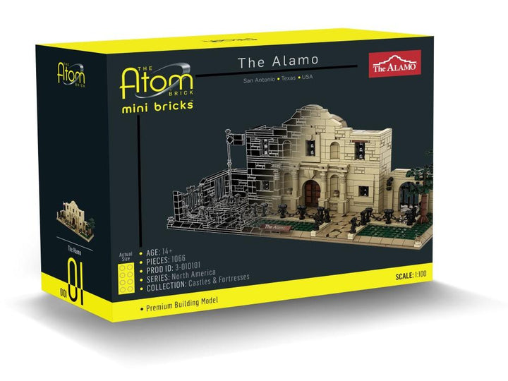 The Alamo Atom Brick set box features a 1:100 scale model of the Alamo, displaying the finished build. With 1066 pieces, it’s designed for ages 14+ and highlights historical construction using Atom Brick mini bricks.