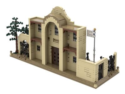 The Alamo Atom Brick is a 1:100 scale beige LEGO model of a Spanish-style building with arches, two balconies, a tree on the left, fence, and streetlamp—ideal for history construction fans.