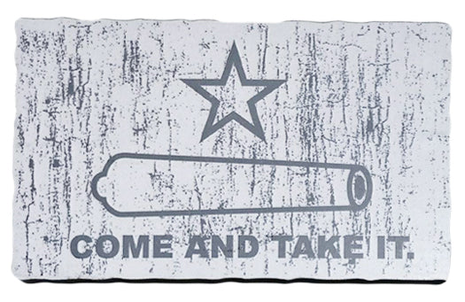 The "Come and Take It'' Distressed-Look Magnet is rectangular with a white background, featuring a five-pointed star above a horizontal cannon and the bold text COME AND TAKE IT below.