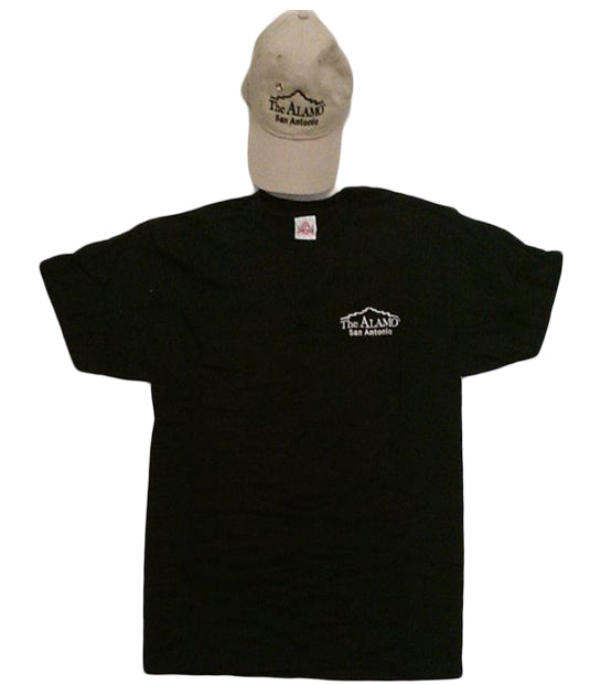 The Adult Alamo Cap and Tee Combo (Khaki / Black) features a black tee and khaki cap, both with The Alamo San Antonio logo in white—a stylish tribute to the iconic landmark.