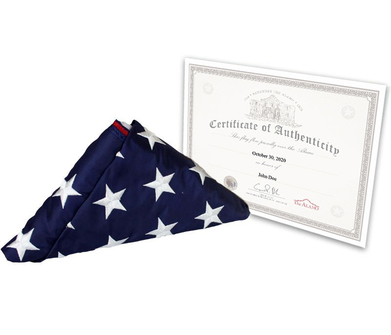 A USA Flag - Polyester with white stars on a blue field is shown beside a personalized certificate of authenticity dated October 30, 2020, featuring a blank name.