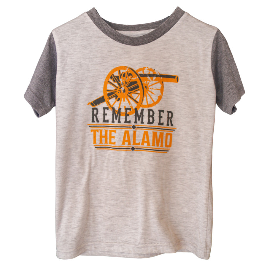 The Youth Cannon Tee is a comfy unisex youth shirt with gray sleeves and collar, made from a polyester-cotton-rayon blend. It features an orange cannon and “Remember The Alamo” on the front—perfect for everyday wear.